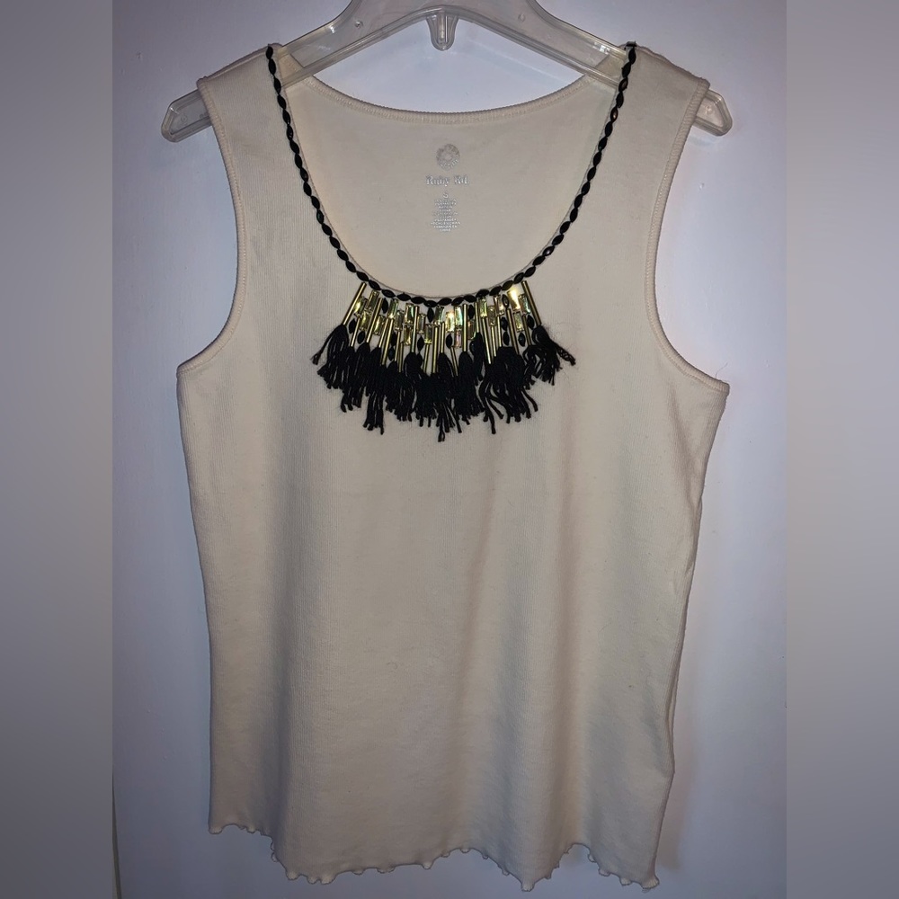 Ruby Rd Women’s Cream Tank Top Shell Black Gold Beads Tassels Bejeweled SIZE S